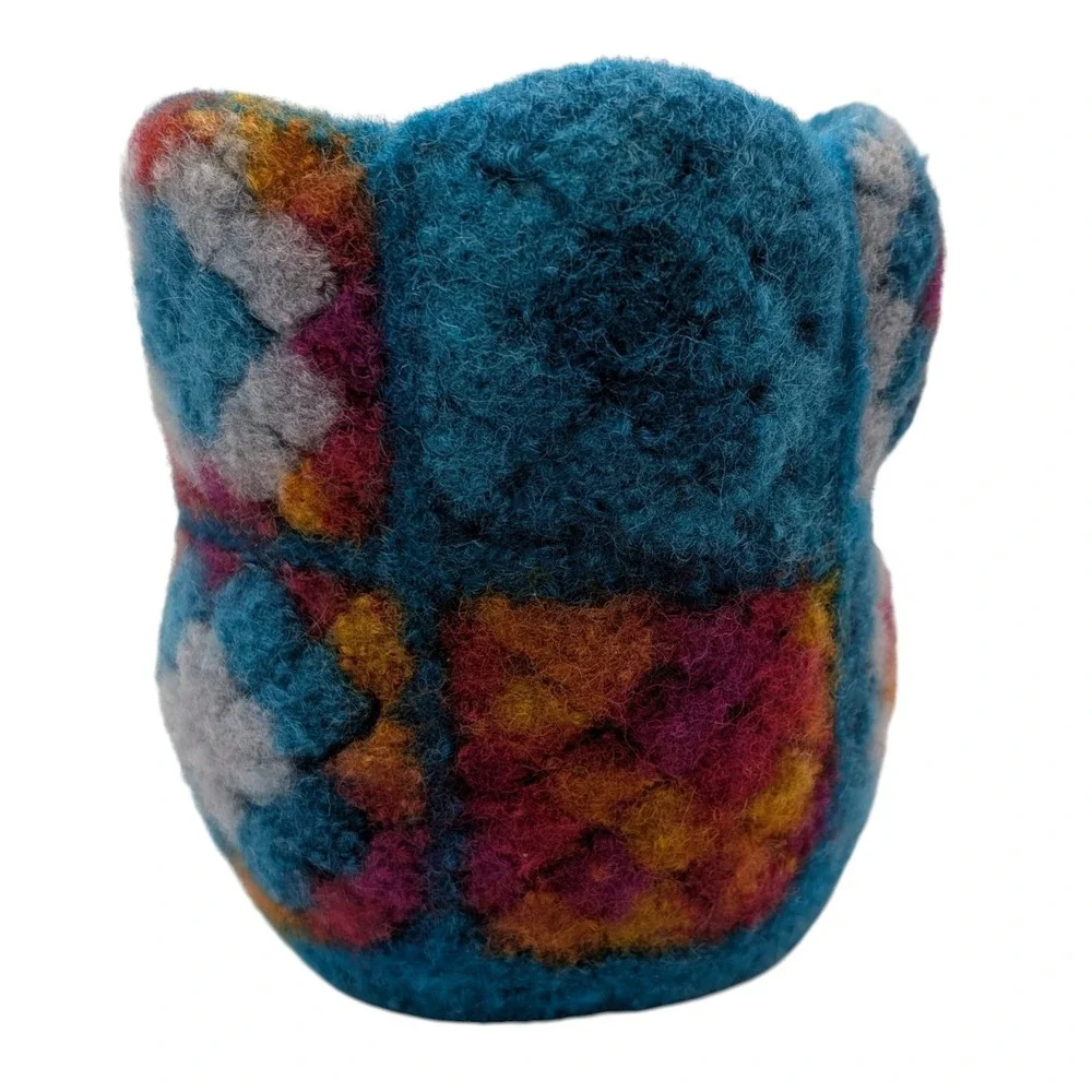 Vintage Handmade Felted Basket Crocheted Turquoise Round Granny Square Wool